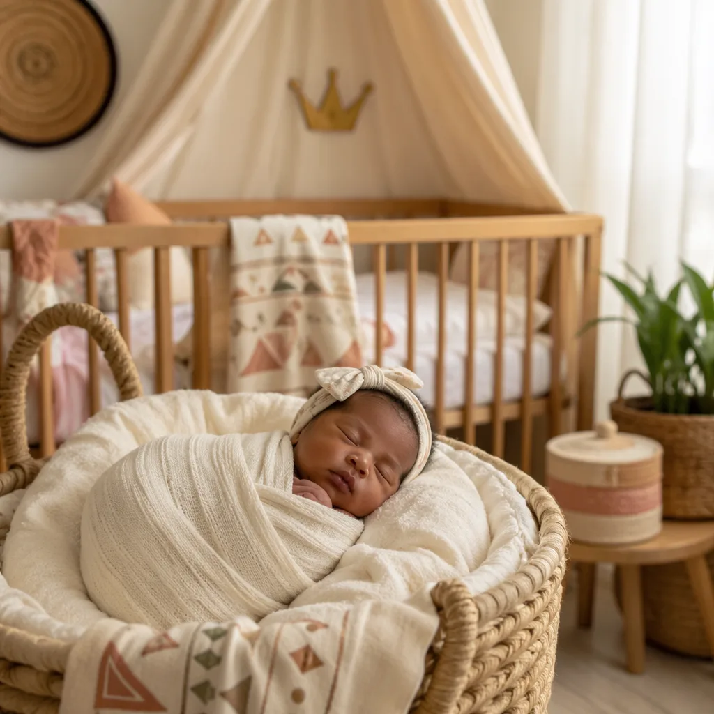Sleeping newborn in a cozy pastel nursery with subtle Yoruba-inspired textiles and a crown motif.