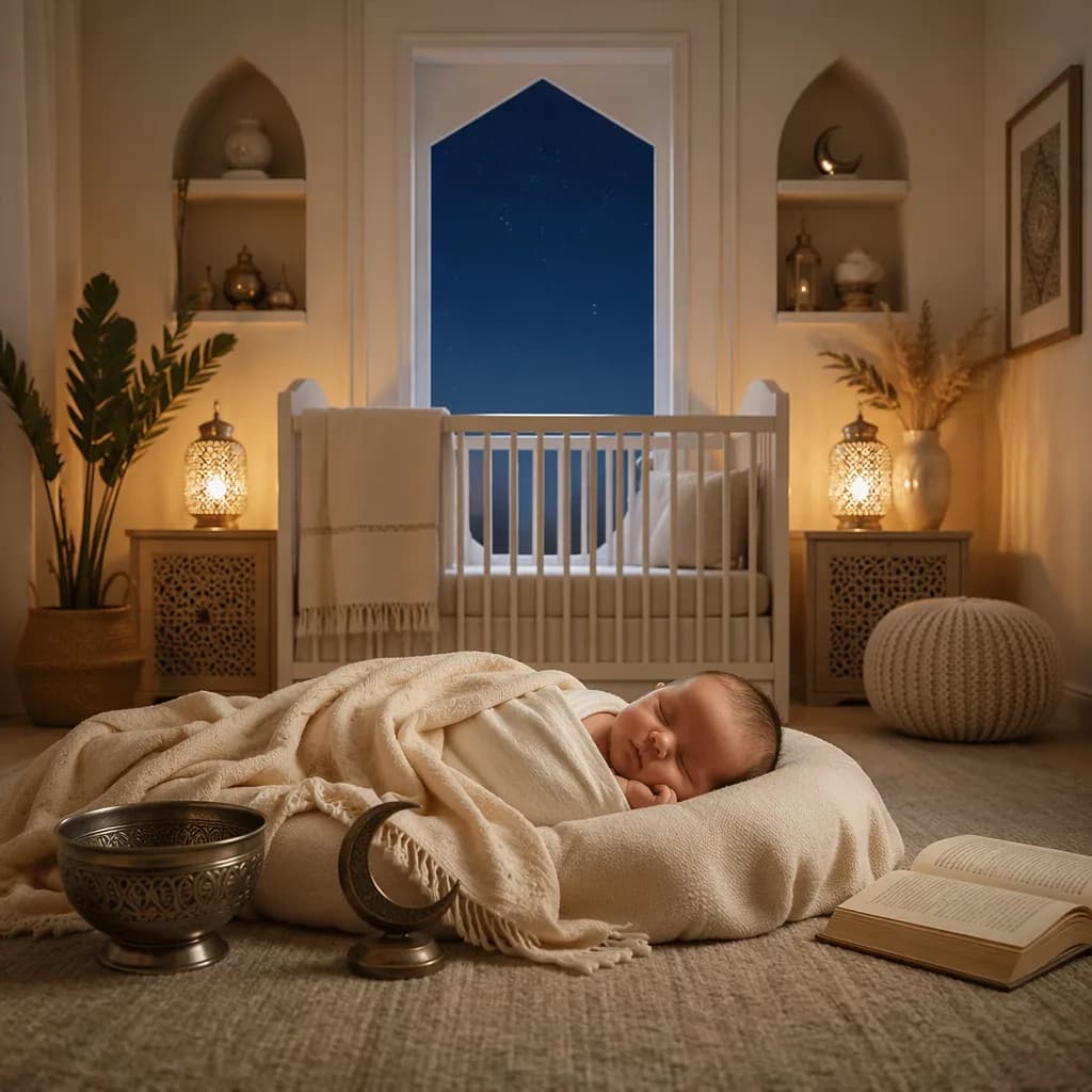 Serene Arabic nursery scene with a sleeping newborn in soft natural light.