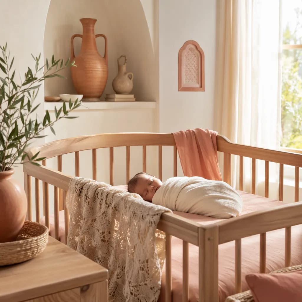 Sleeping baby in a soft Spanish-inspired pastel nursery with warm natural light.