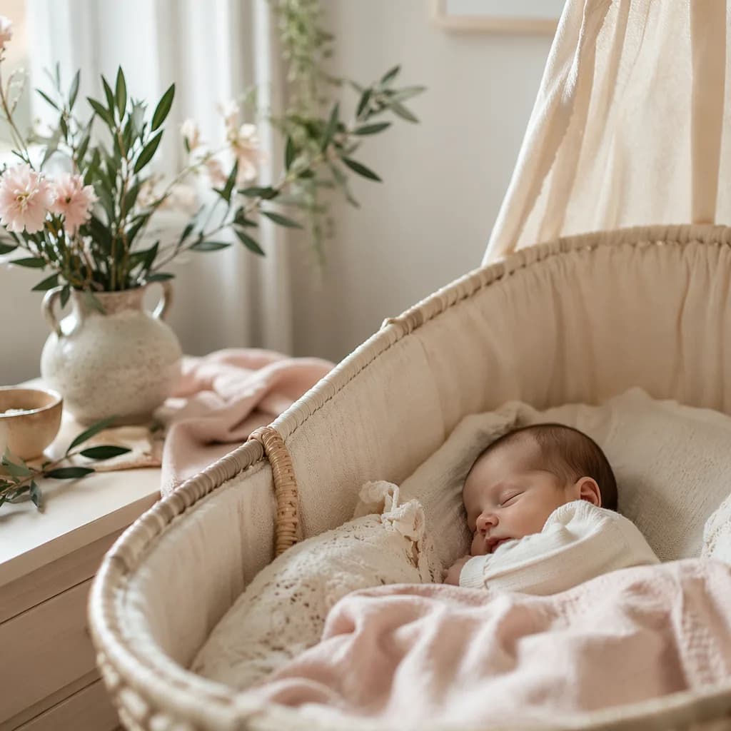 Sleeping baby in a soft Italian-inspired nursery with olive branches and pastel decor