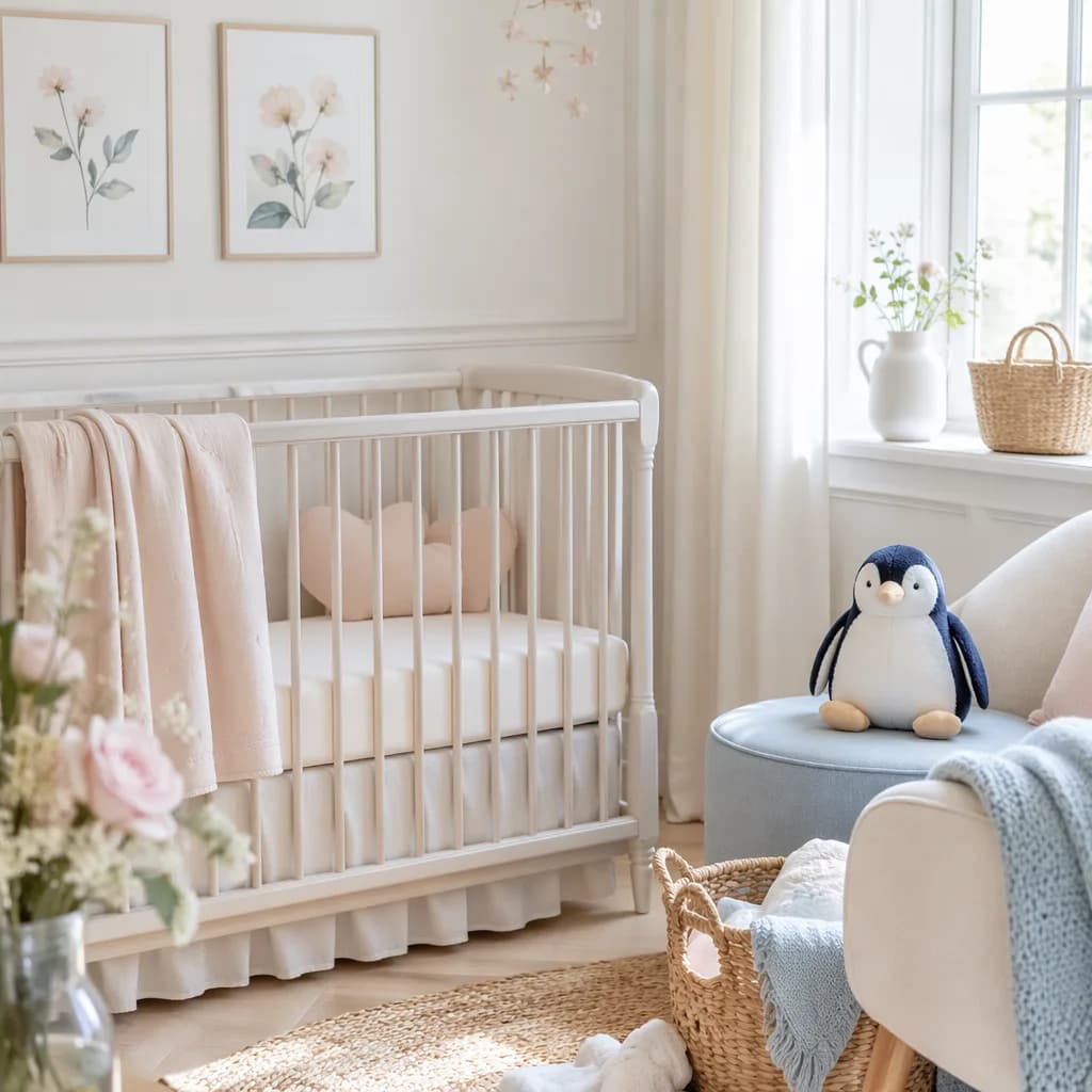 Soft pastel French nursery with a plush penguin and cozy baby linens for the name Adélie.