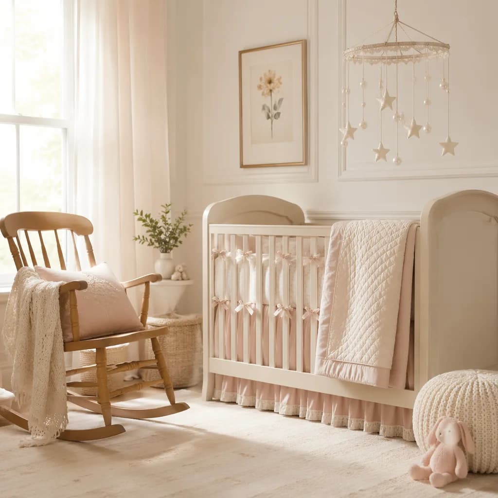 Soft pastel nursery with elegant crib and gentle morning light, inspired by the name Adeline.