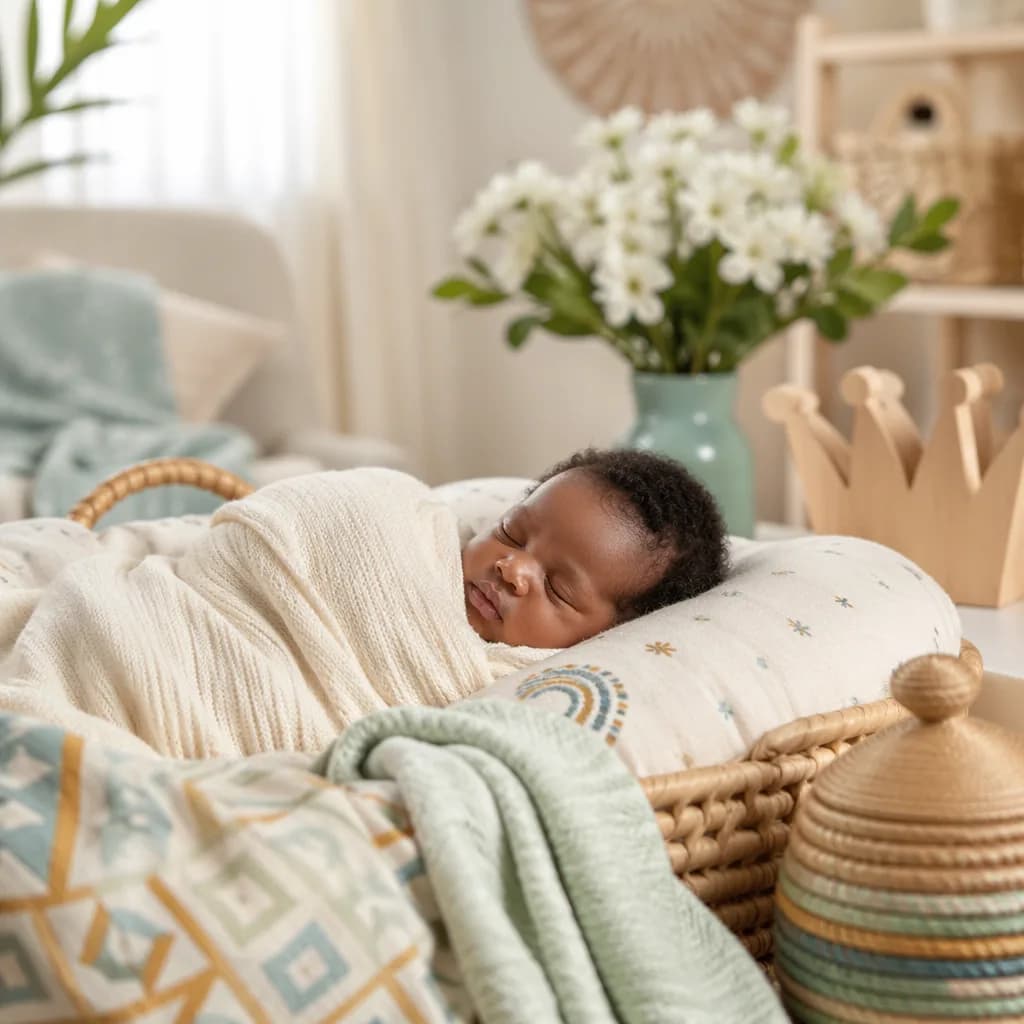 Sleeping newborn in a softly lit Yoruba-inspired nursery with warm pastel decor.