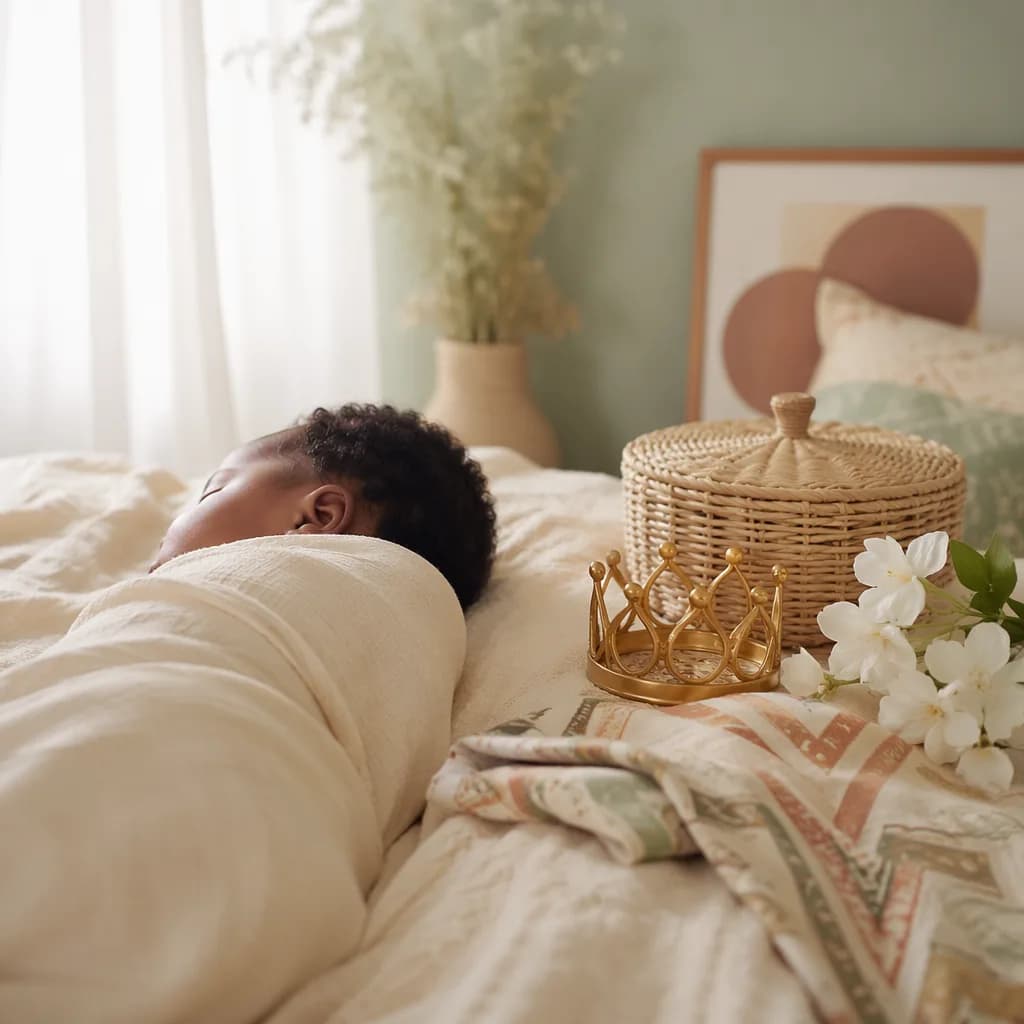 A softly lit Yoruba-inspired nursery with a swaddled baby and symbolic crown accents.
