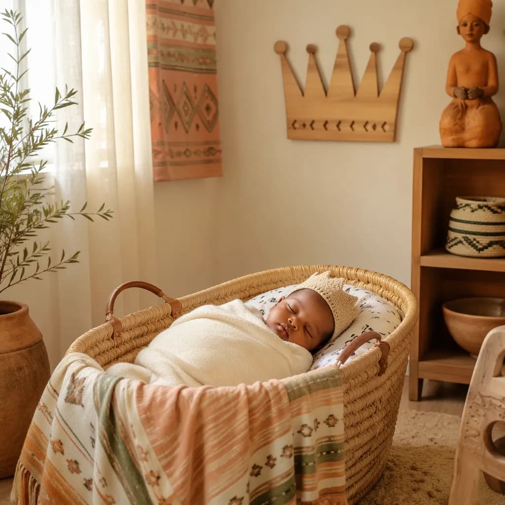 Sleeping baby in a warm Yoruba-inspired nursery with soft pastel decor and a small crown motif.
