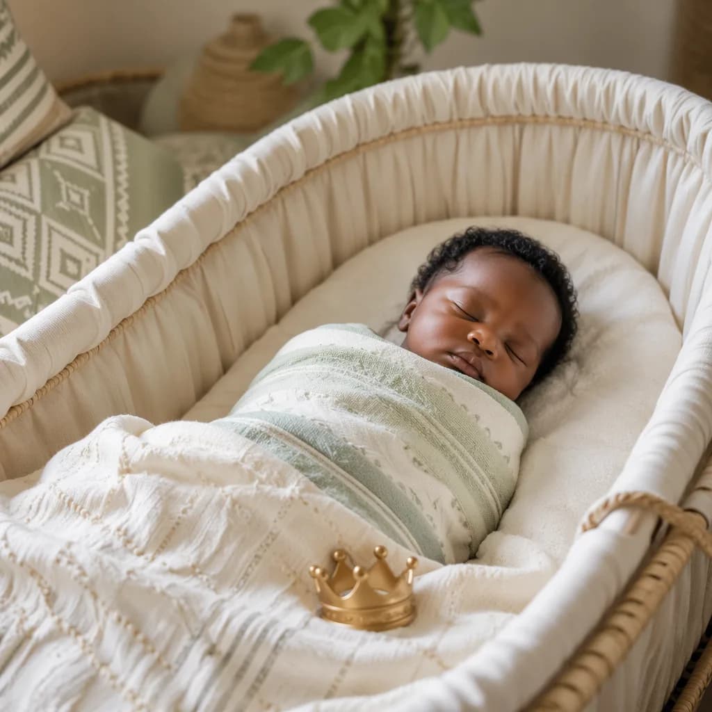 Peaceful newborn in a cozy Yoruba-inspired nursery with soft pastel blankets and a small crown charm.