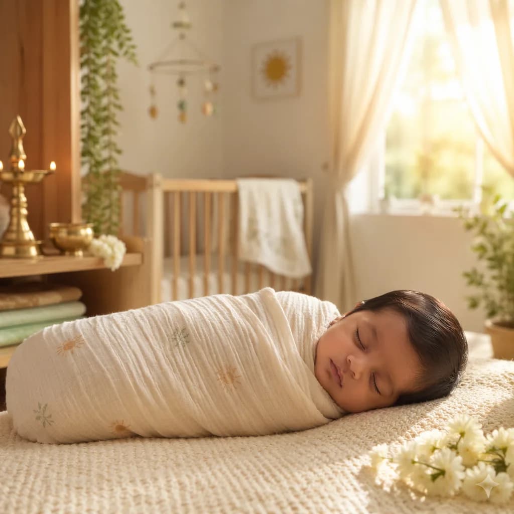 Tamil newborn sleeping in a sunlit pastel nursery with jasmine and warm South Indian accents.