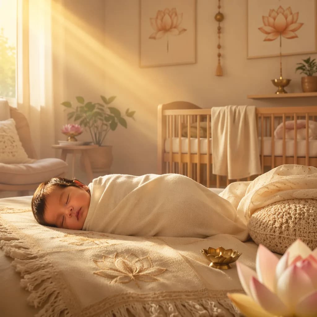 A peaceful newborn in a pastel nursery with soft sunlight and subtle lotus-inspired decor.