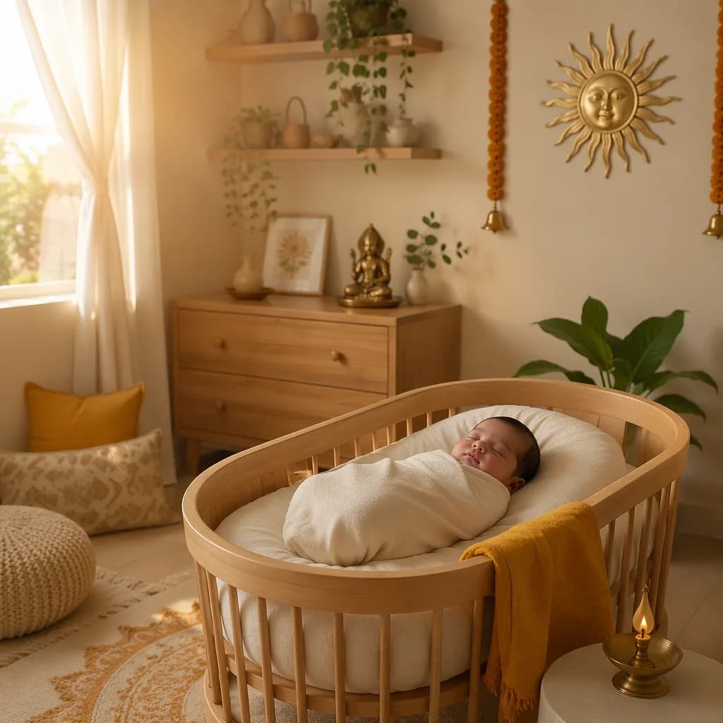A peaceful pastel nursery with a swaddled newborn in warm sunrise light and subtle Sanskrit-inspired decor.