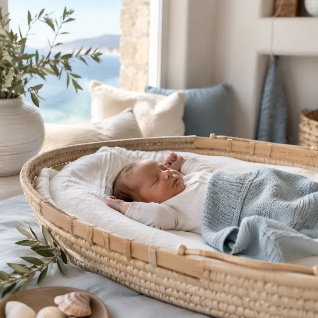 Peaceful baby in a soft Greek seaside-inspired nursery with olive branches and shells