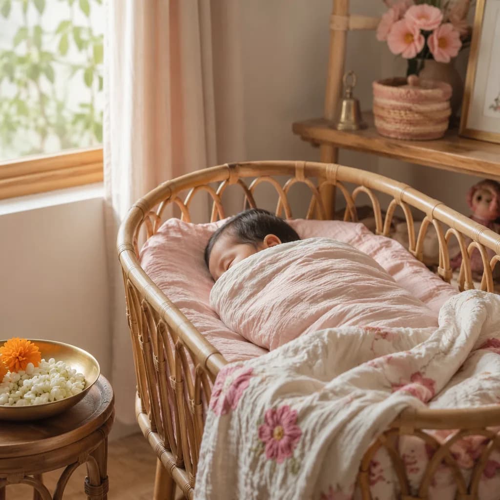 A softly lit Bengali-inspired nursery with a swaddled sleeping baby in a rattan bassinet.