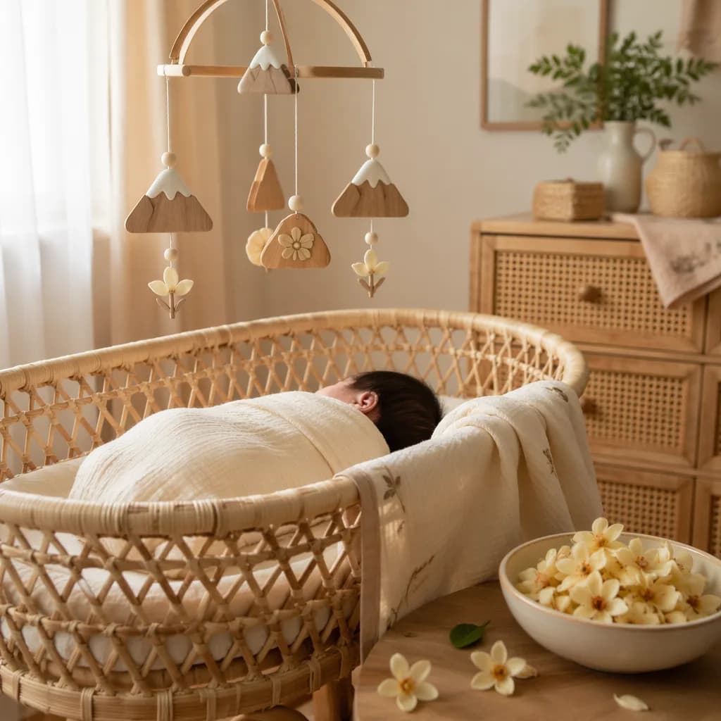 A softly lit nursery with a swaddled Bengali baby, mahua flowers, and a mountain-inspired mobile.