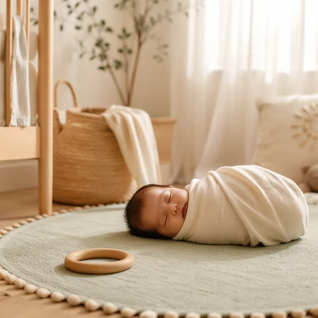 Peaceful pastel nursery scene with a swaddled baby and a single wooden circle toy symbolizing uniqueness.