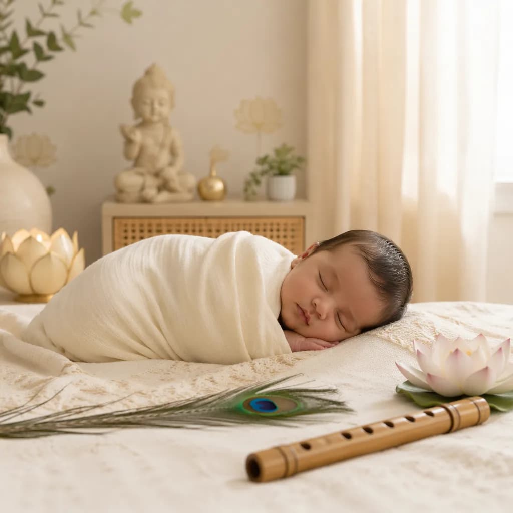 Sleeping baby in a soft pastel nursery with peacock feather and flute accents.