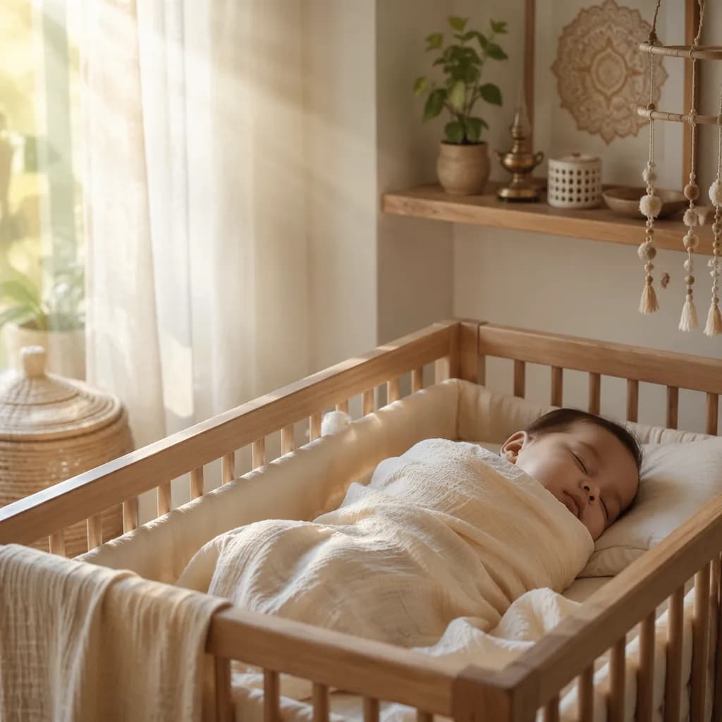 Sleeping baby in a softly lit pastel nursery with warm sunbeams and subtle Indian-inspired decor.