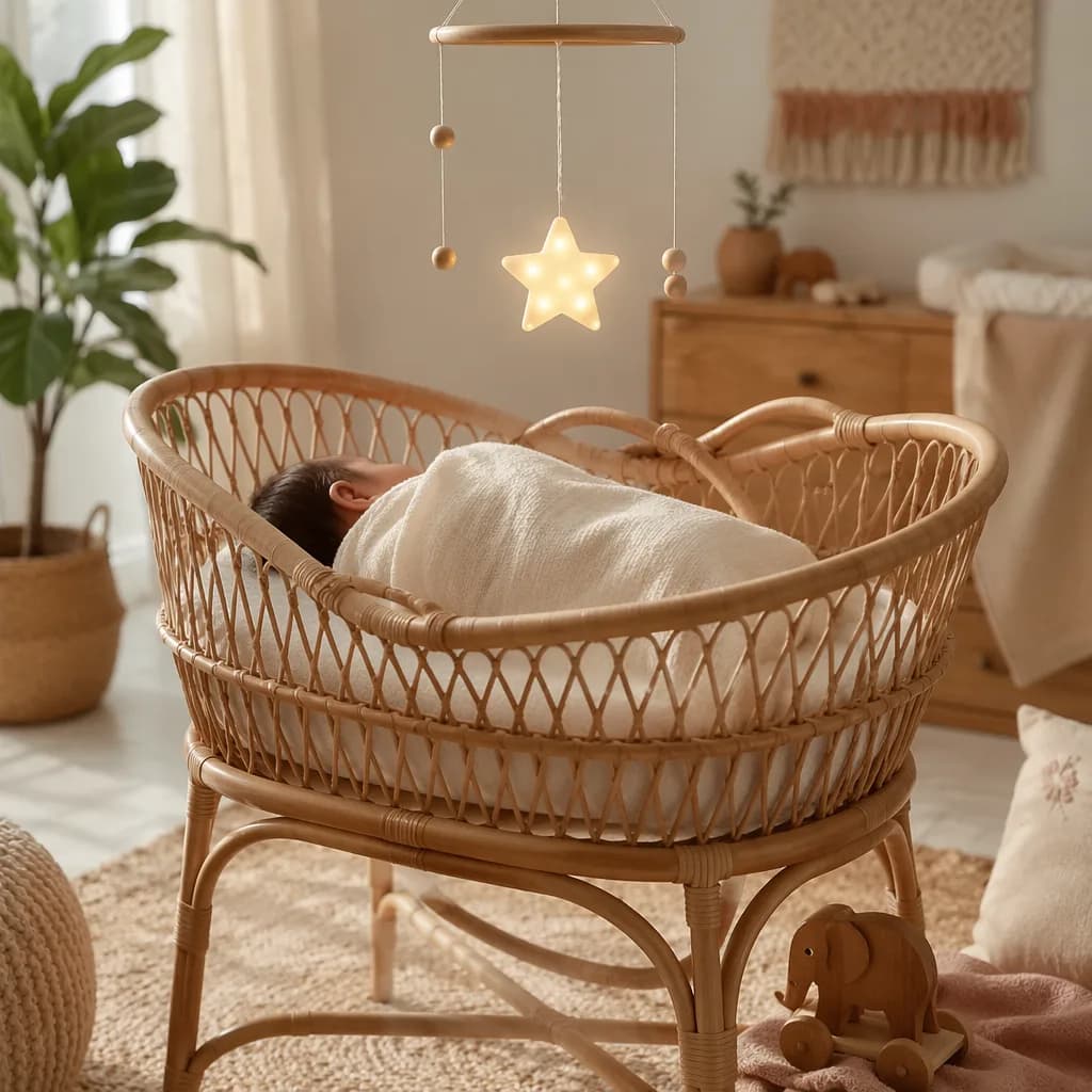 A peaceful pastel nursery with a swaddled sleeping baby, wooden elephant toy, and star mobile.