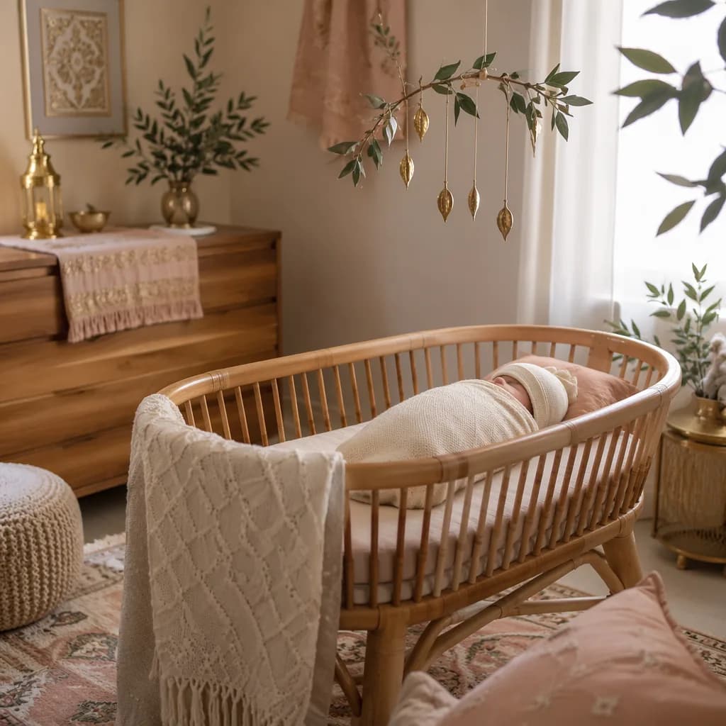 A serene pastel nursery with a swaddled newborn, leafy branch decor, and warm golden accents.