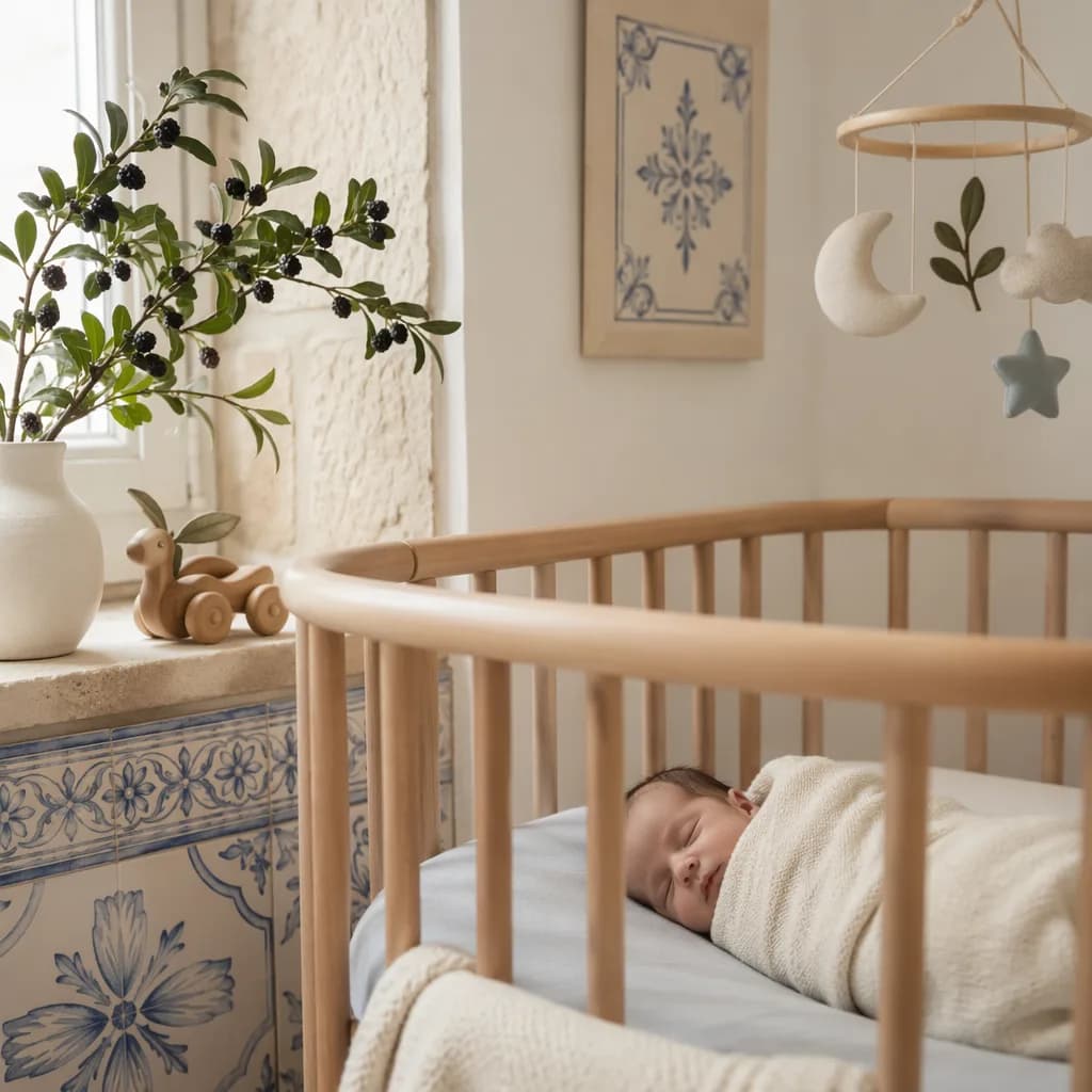 Sleeping Portuguese baby in a cozy pastel nursery with subtle cultural details and a mulberry branch.