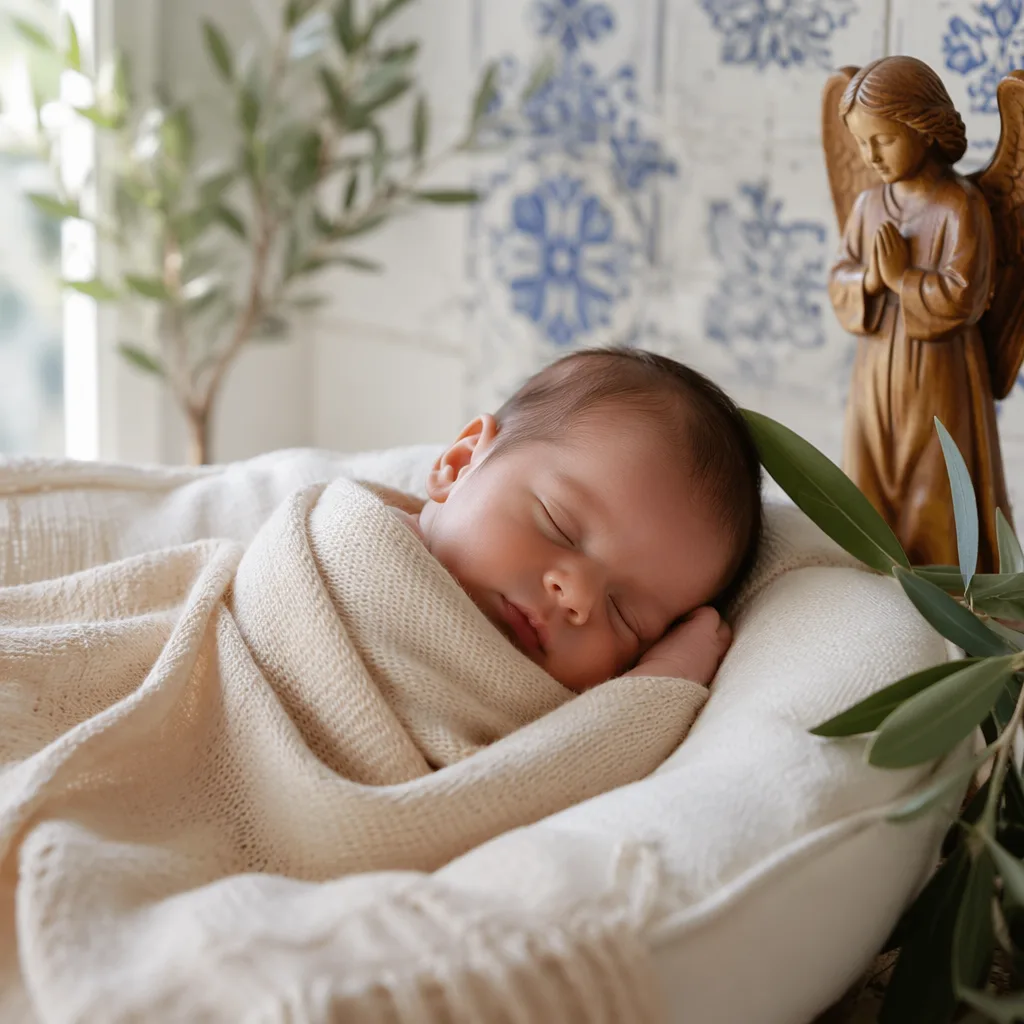Peaceful newborn in a cozy pastel nursery with Portuguese-inspired details and soft greenery.