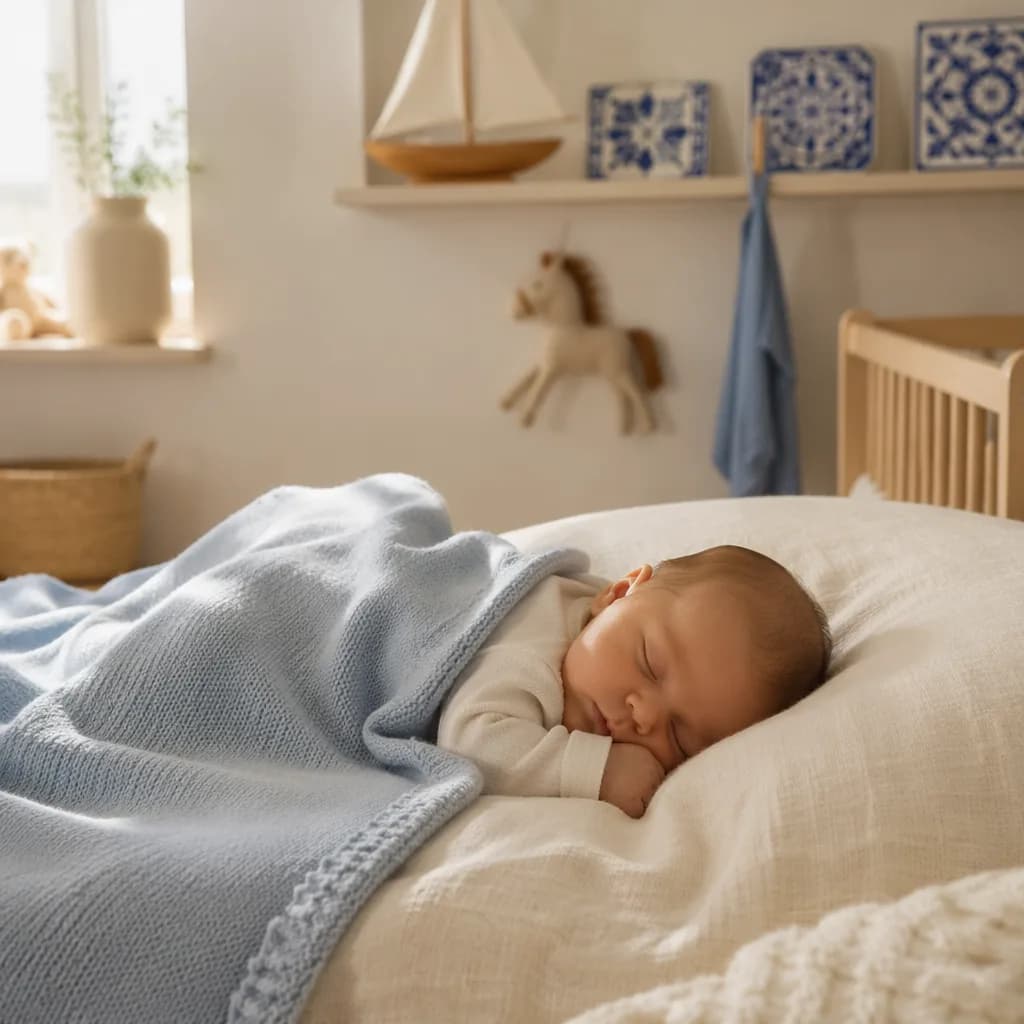 Sleeping baby in a soft Portuguese-inspired nursery with pastel linens and gentle light.