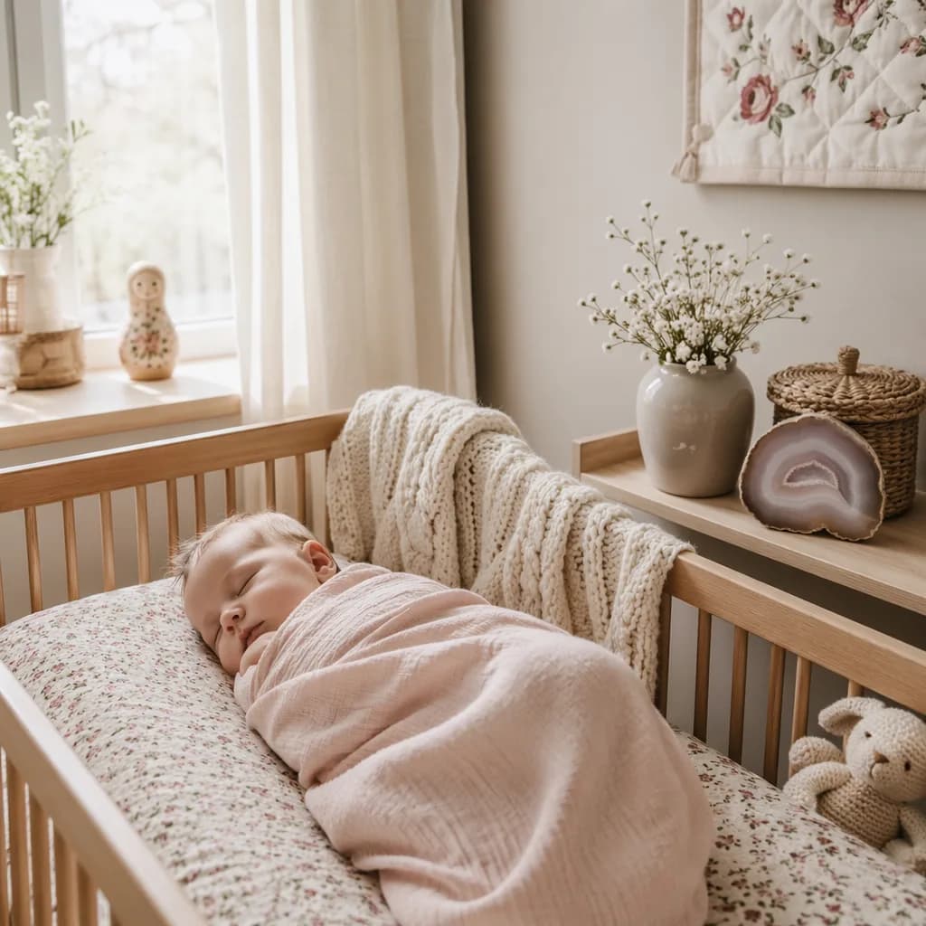 Peaceful baby in a pastel nursery with soft Russian-inspired details and an agate stone.