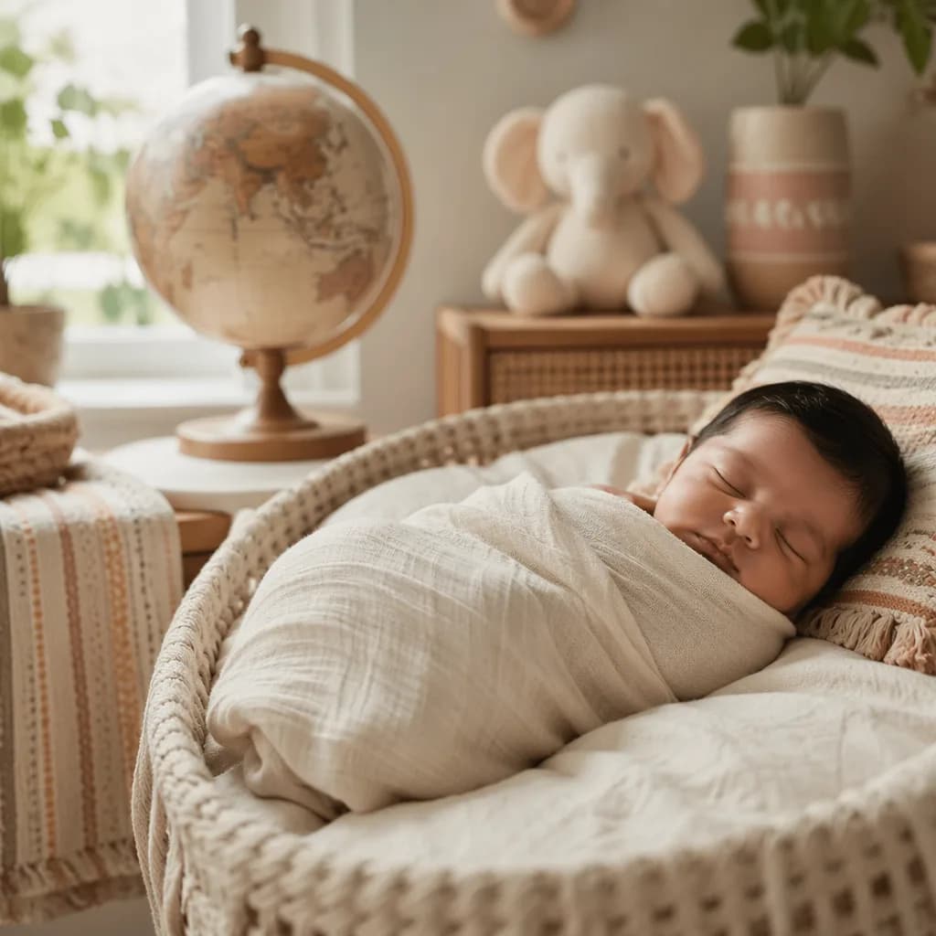 Sleeping baby in a soft Tamil-inspired nursery with a small wooden globe.