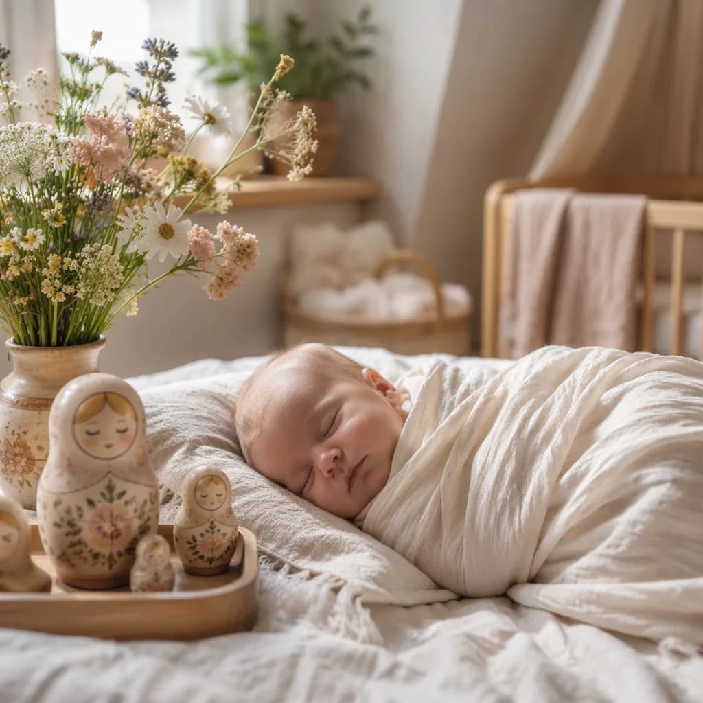 Sleeping baby in a soft pastel nursery with flowers and a wooden nesting toy.