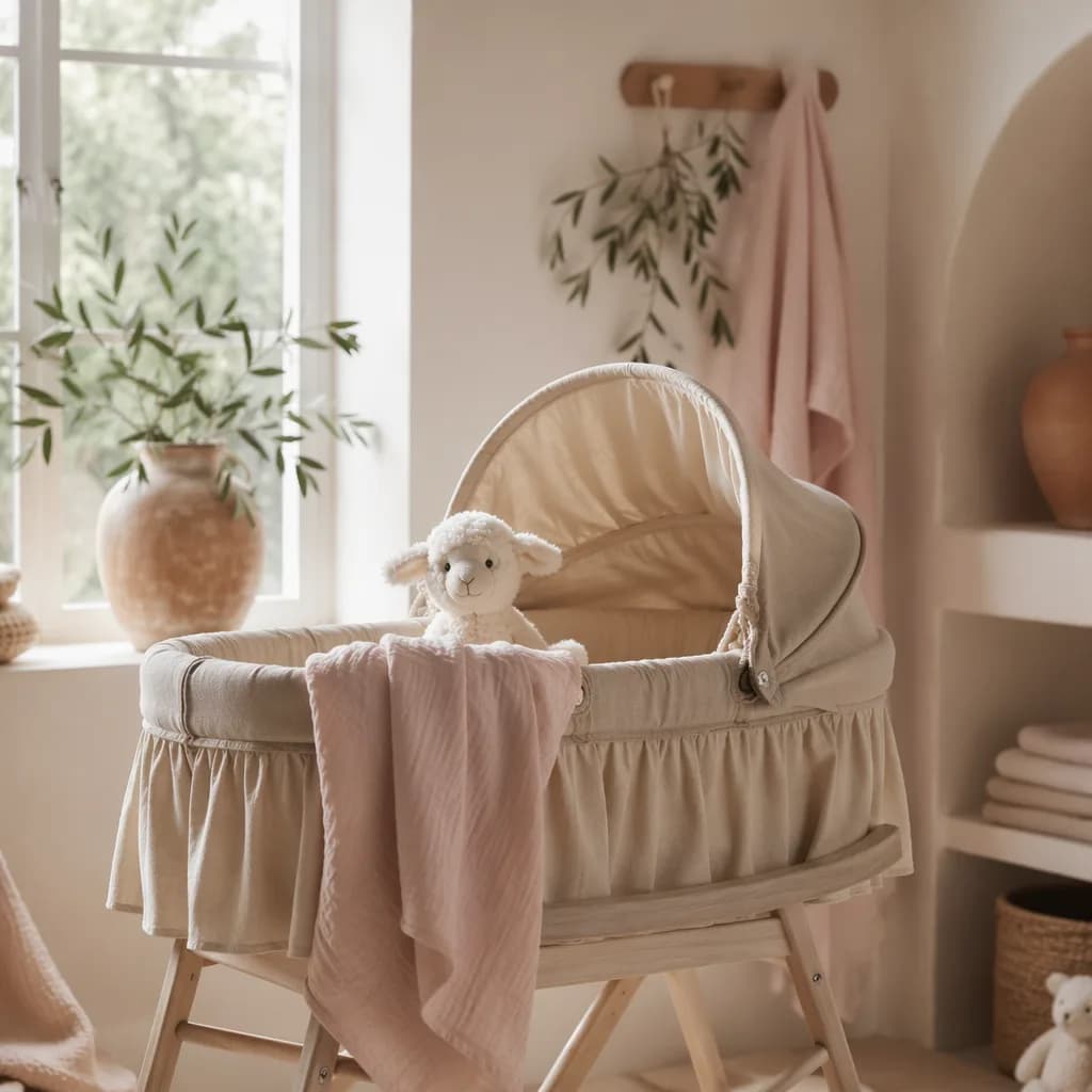 Soft pastel Italian nursery with a bassinet, plush lamb, and gentle natural light.