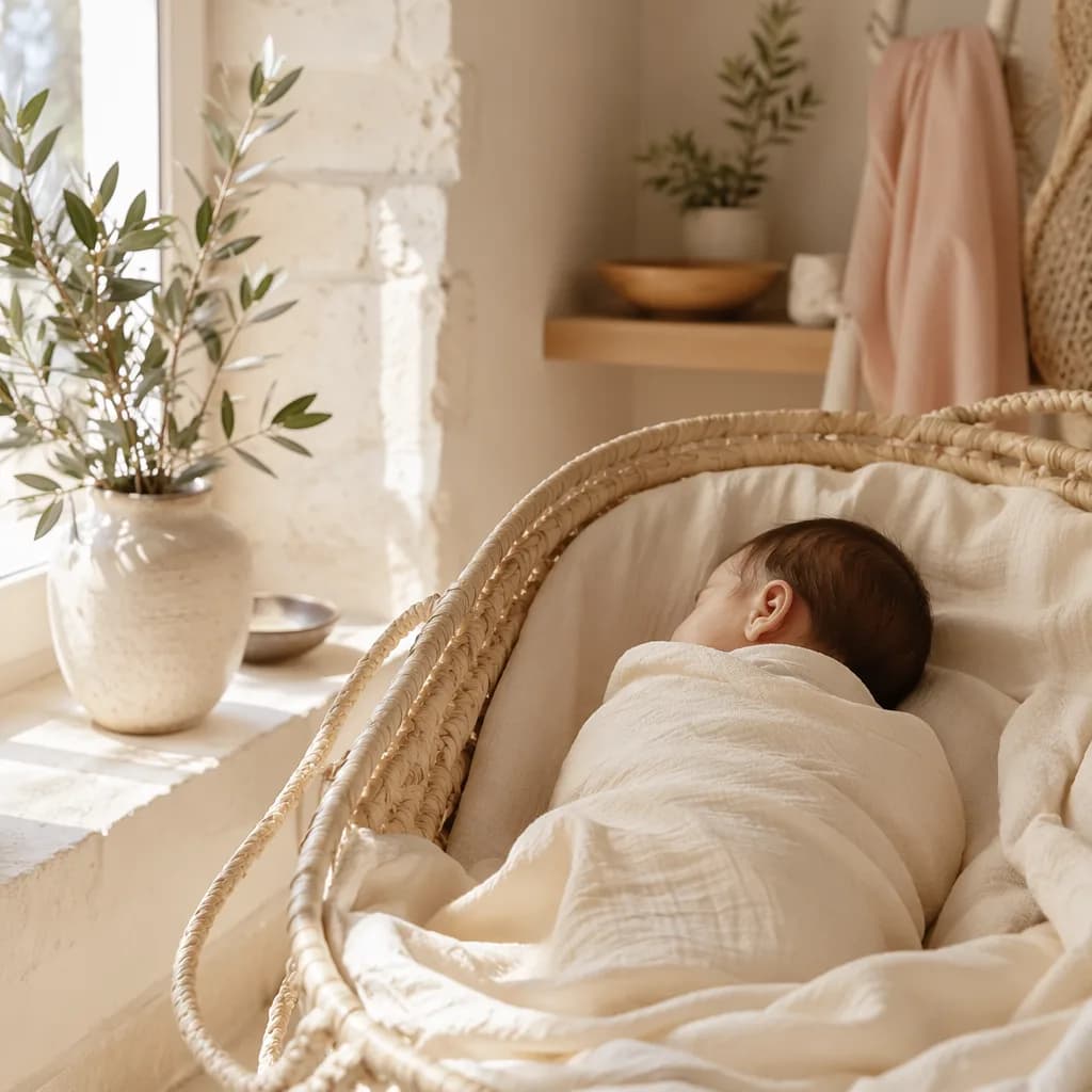 A peaceful Greek-inspired nursery with a swaddled newborn, olive branch, and warm golden light.