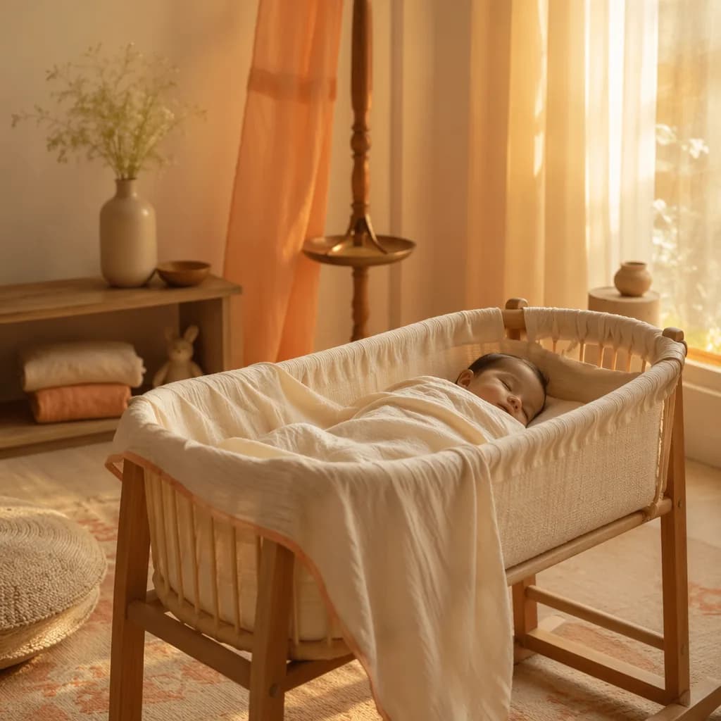 Sleeping baby in a warm pastel nursery with gentle amber sunlight and cozy natural textures.