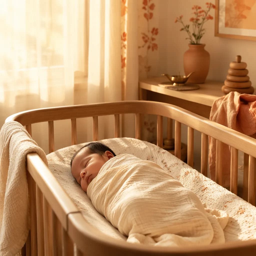 A peacefully sleeping swaddled baby in a warm pastel nursery with soft saffron accents.