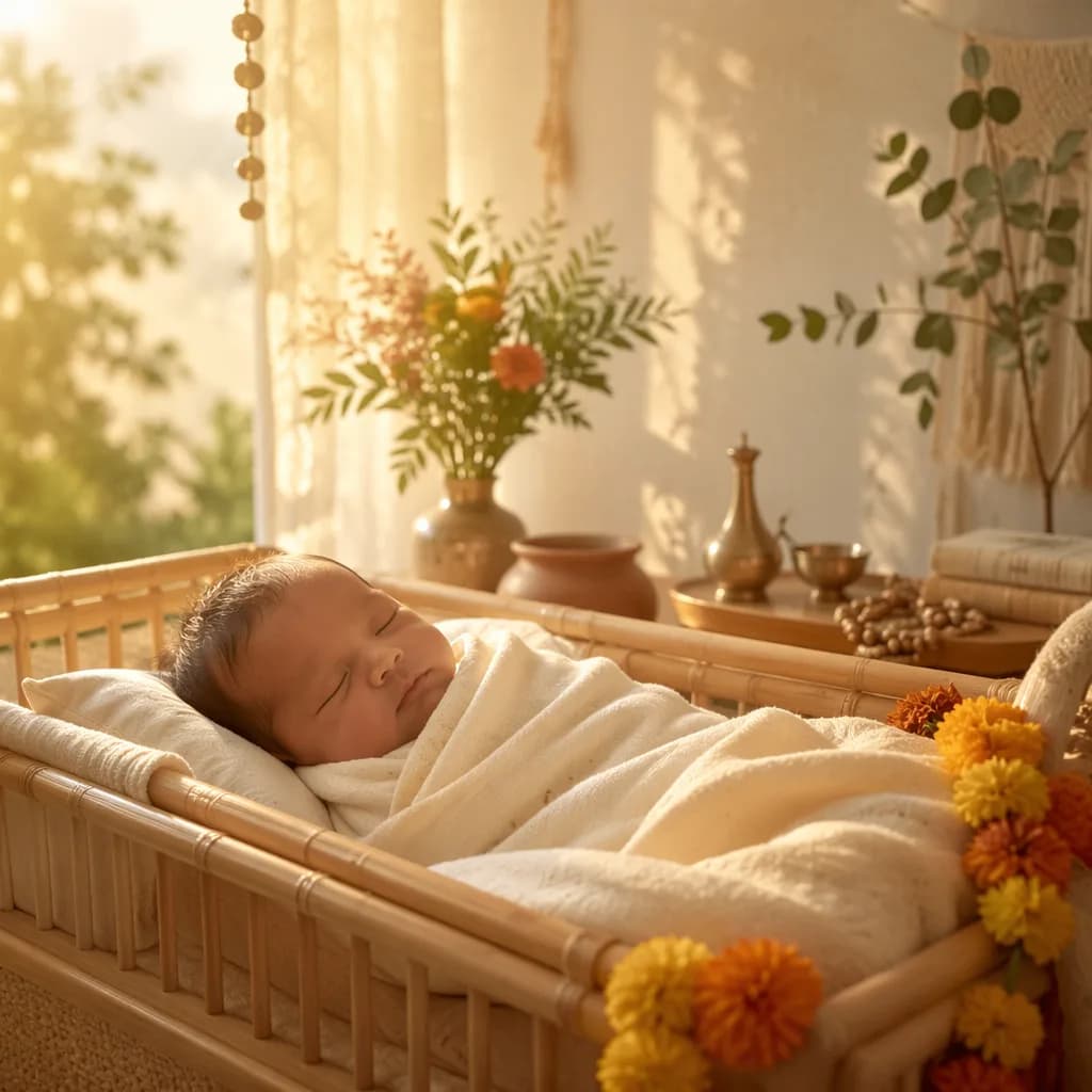 Sleeping newborn in a soft pastel nursery glowing with gentle dawn light.