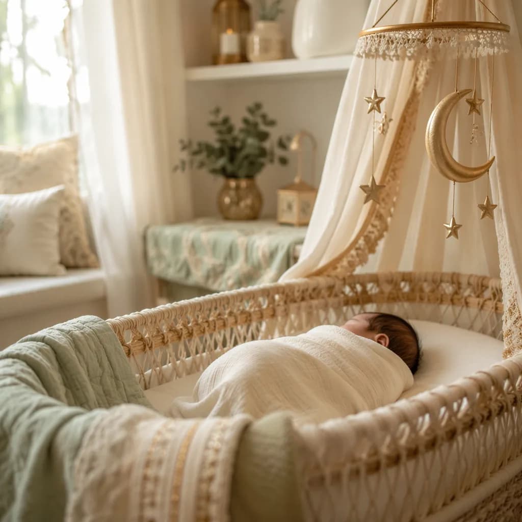 Newborn sleeping in a warm pastel nursery with soft South Asian-inspired details.