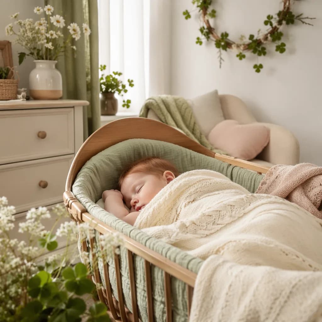 Peaceful Irish-inspired nursery with a sleeping baby in soft pastel light.
