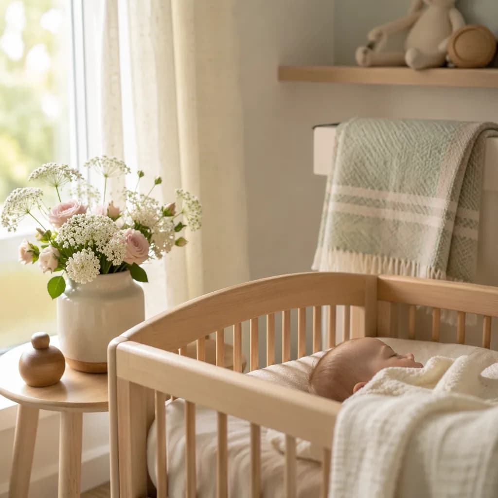 Soft Irish-inspired nursery with a sleeping baby, white flowers, and tiny blush roses.