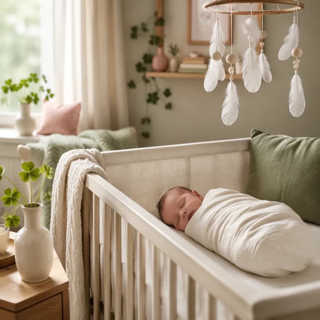 Soft Irish-inspired nursery with a swaddled newborn, knit blanket, shamrock sprig, and white-feather mobile.