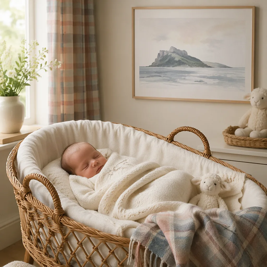 A peaceful Scottish-inspired nursery with a sleeping baby, soft tartan accents, and a gentle island motif.