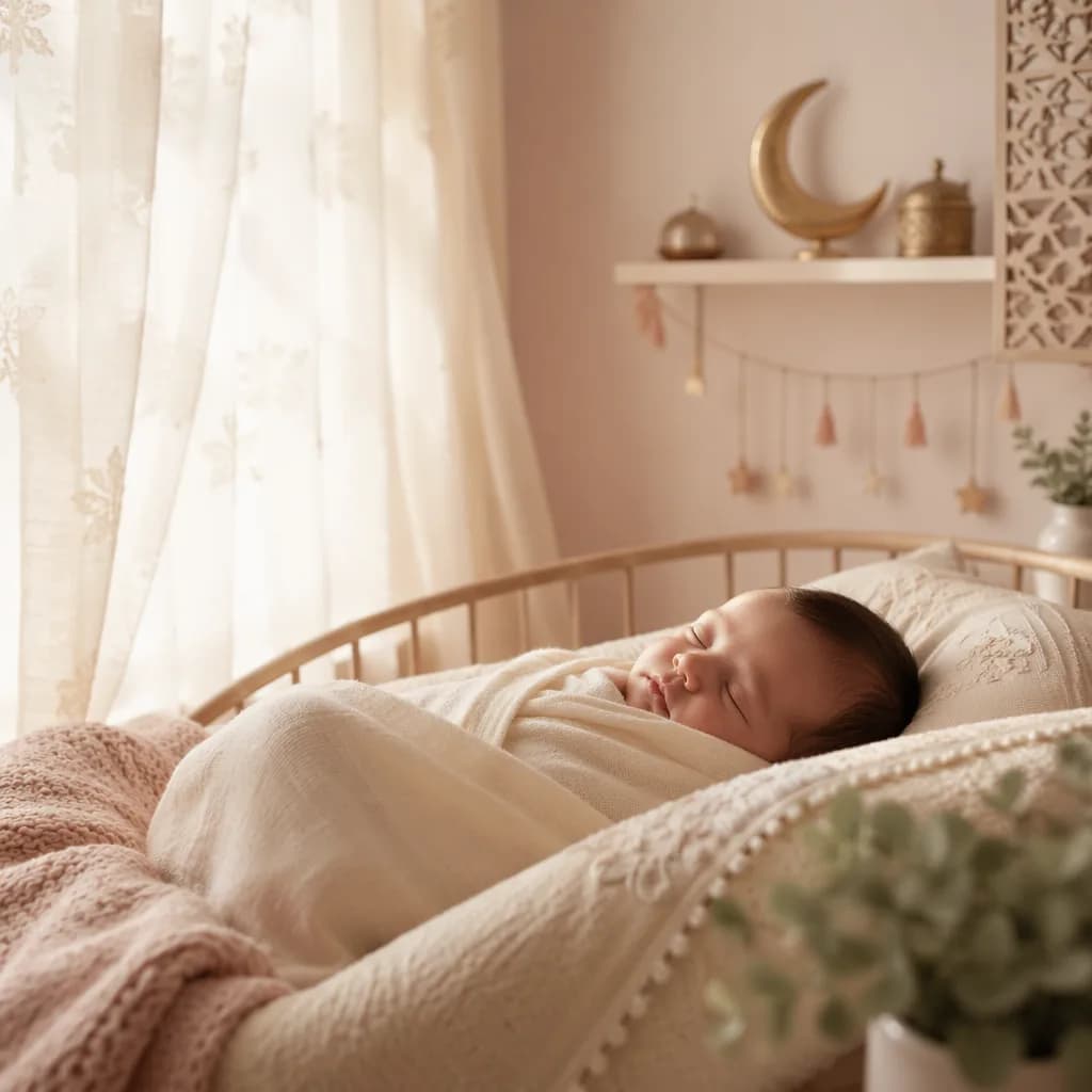 Peaceful swaddled newborn in a warm pastel nursery with gentle morning light.