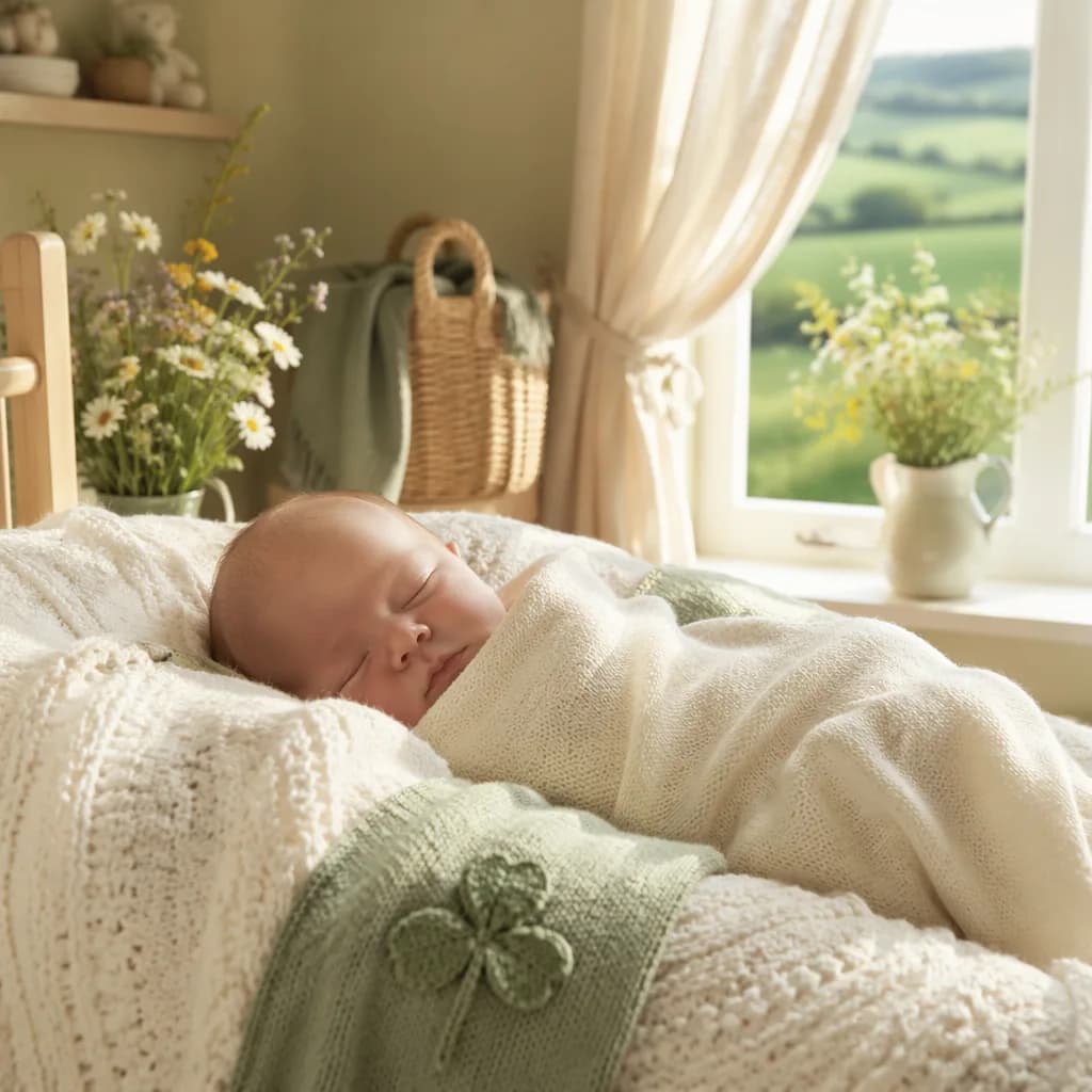 Sleeping newborn in a soft Irish-inspired nursery with gentle sunlight and pastel accents.