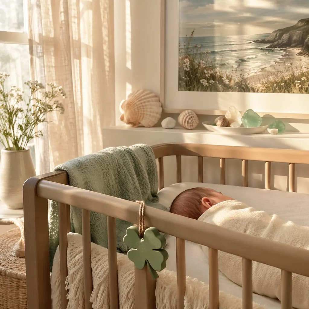 Soft Irish coastal nursery with a sleeping baby, warm sunlight, shamrock charm, seashells, and pastel decor.