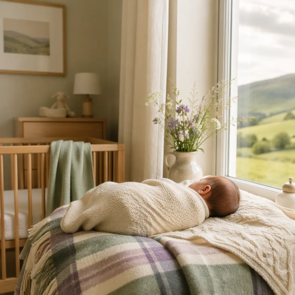 Sleeping baby in a cozy pastel nursery with soft Scottish meadow-inspired details.