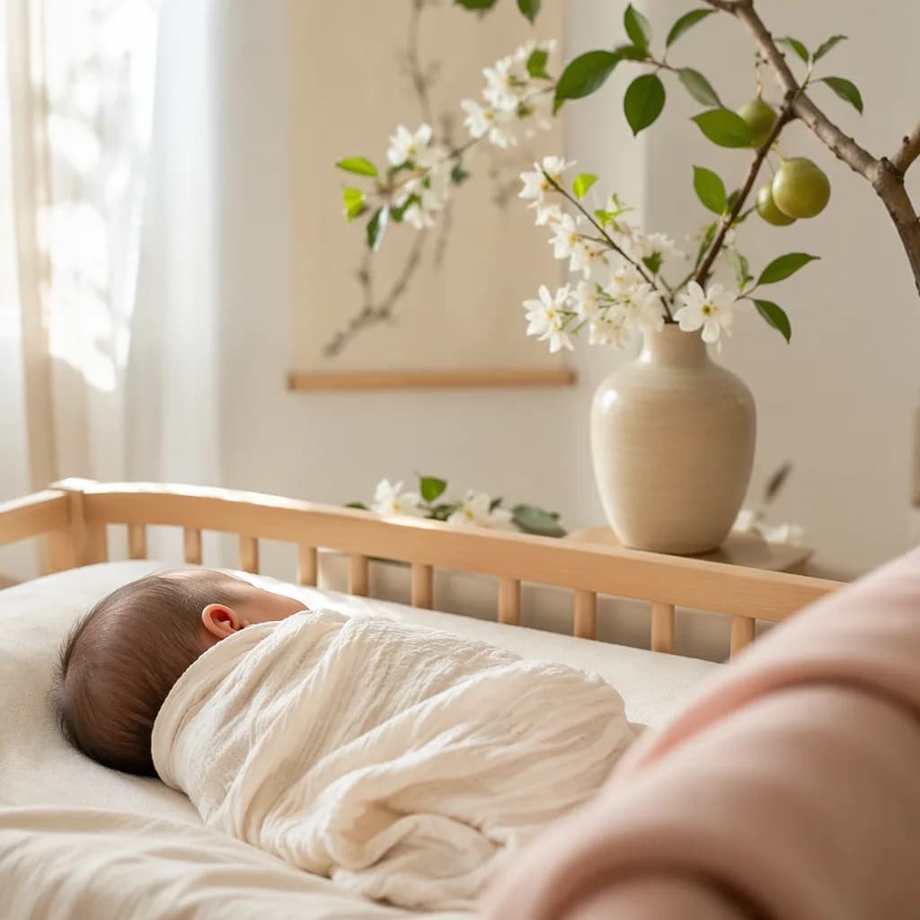 Soft Japanese-inspired nursery with a swaddled baby and delicate jasmine blossoms.