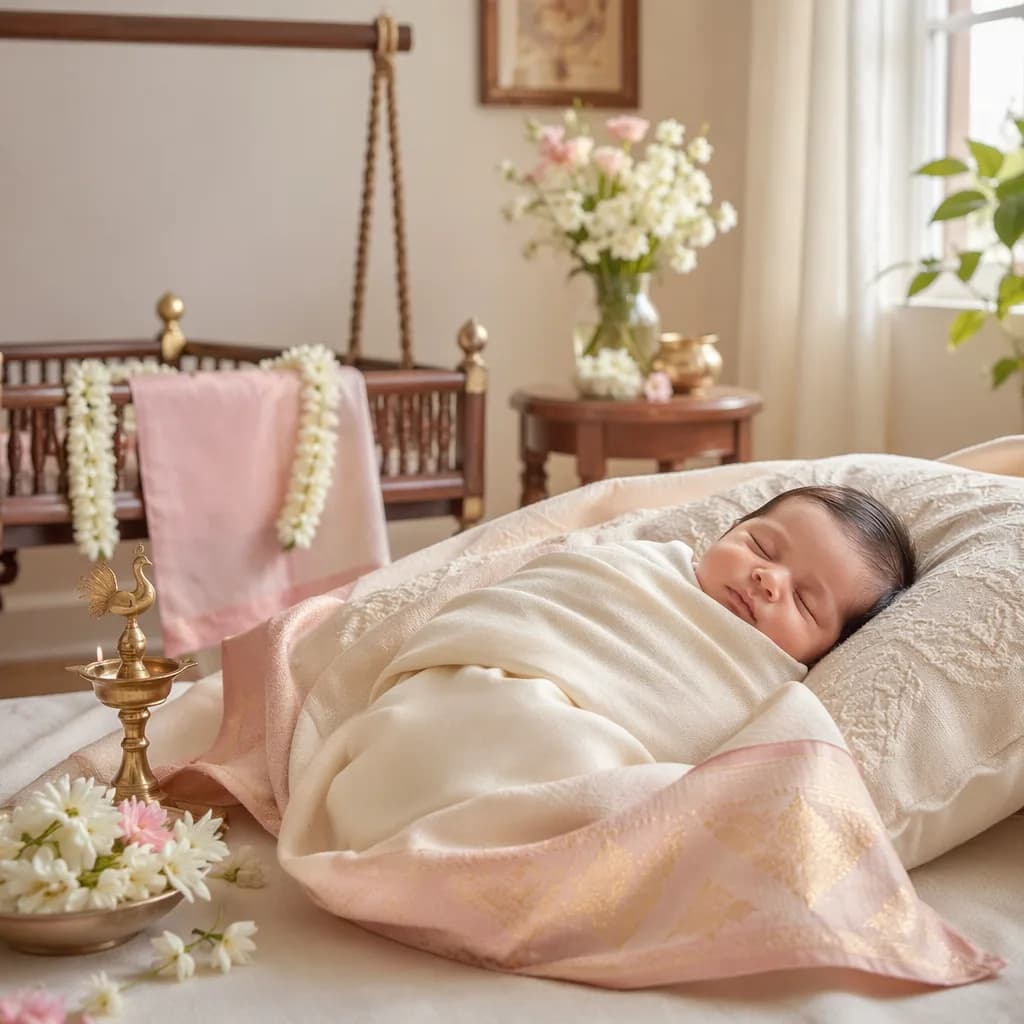 Sleeping newborn in a soft pastel Tamil-inspired nursery with jasmine and warm natural light.