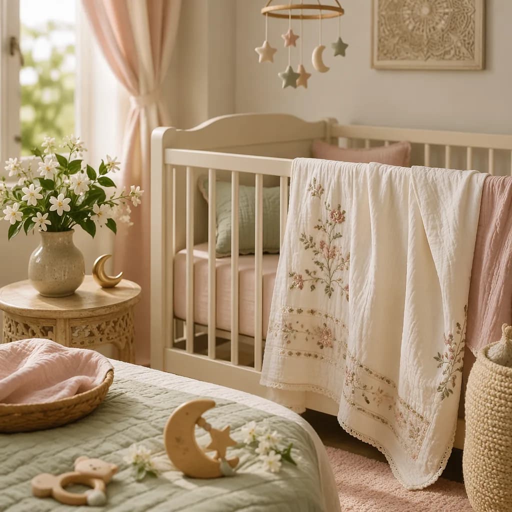 Soft pastel Urdu-inspired nursery with a cozy crib, muslin blanket, jasmine flowers, and gentle natural light.