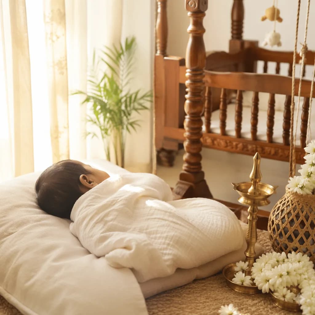 A sleeping Tamil baby in a cozy pastel nursery with jasmine and soft morning light.