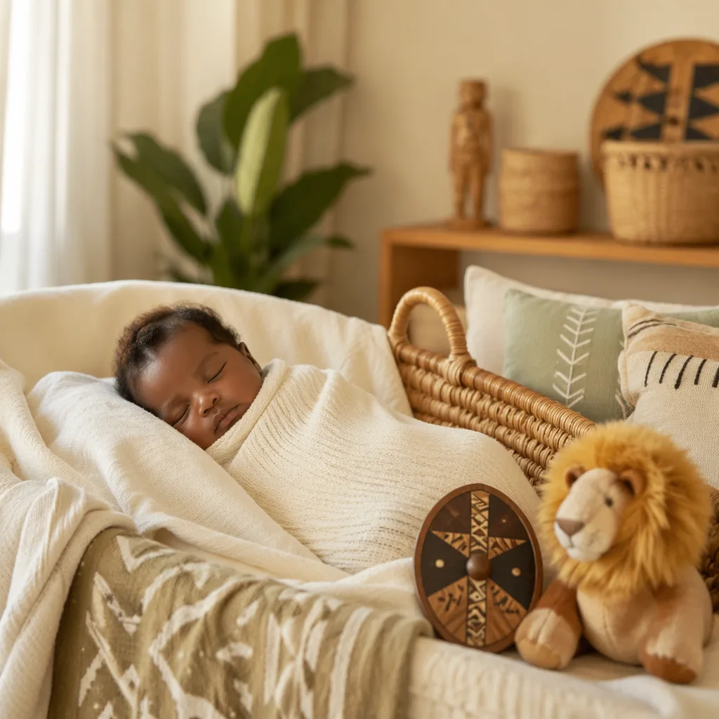 Sleeping newborn in a warm Yoruba-inspired nursery with soft woven decor.