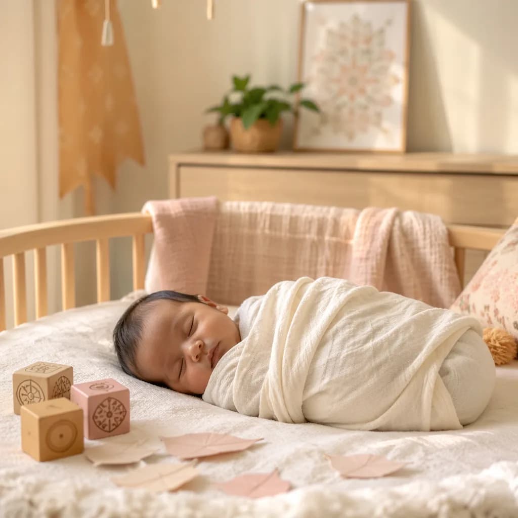 A peaceful pastel nursery with a swaddled newborn and subtle alphabet-inspired details.