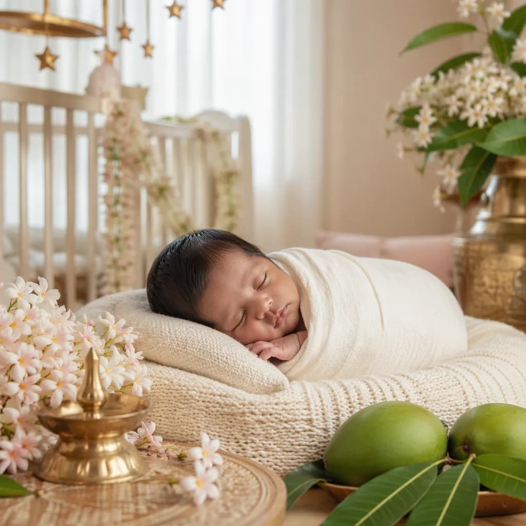 Sleeping newborn in a soft Tamil-inspired nursery with jasmine flowers and warm gold accents.