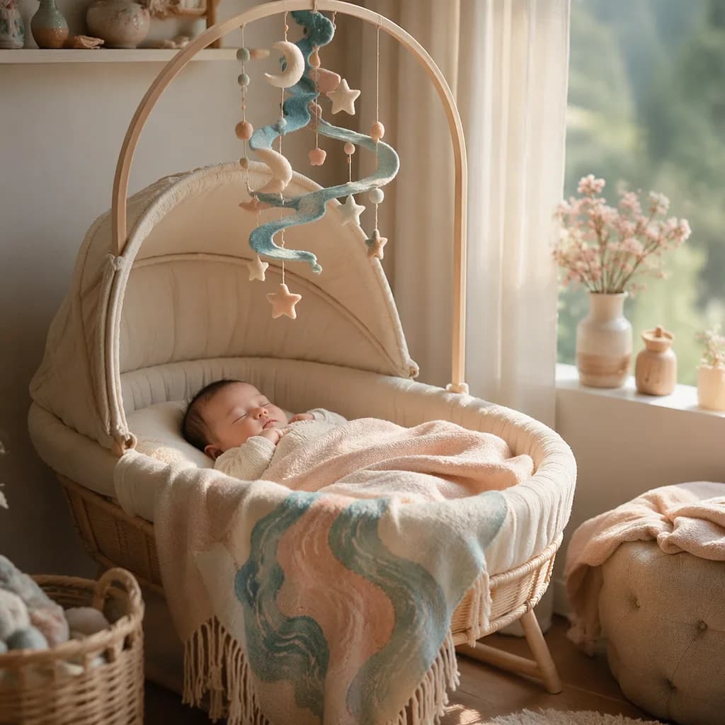 Soft pastel nursery with a sleeping baby, river-inspired mobile, and Turkish woven accents for the name Alara.