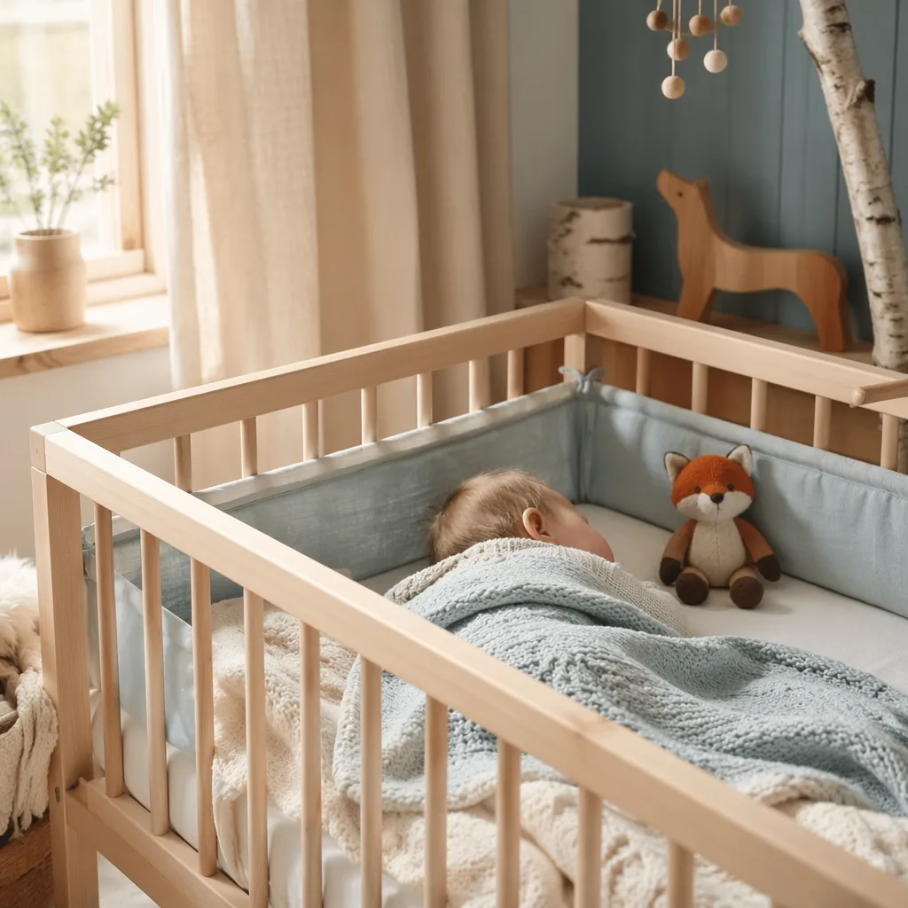 A peaceful Scandinavian nursery with a sleeping baby in a light wood crib and soft pastel decor.